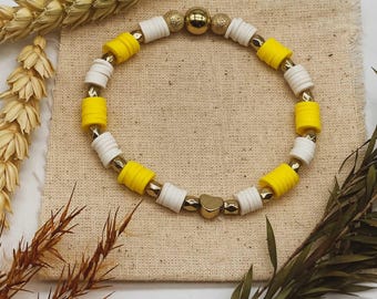 Pulseras de cuentas Heishi bicolor personalizables: pulsera de mantra / Nombre / Palabra / Letra dorada