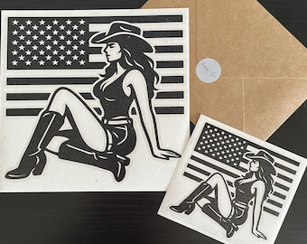 US Flag Girl Car Decals – 2 Pack Vinyl Stickers, Black