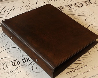 A5 Dark Brown Leather 2 Ring Binder with Antique Finish, Full Grain Leather Presentation Folder, Planner, Guestbook, Free Personalisation.