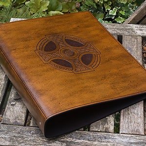 A4 Brown Leather 4 Ring Binder, Celtic Cross, Celtic Knot Planner, Celebrant Organiser, Christian Ringbinder, Folder, Free Personalisation.