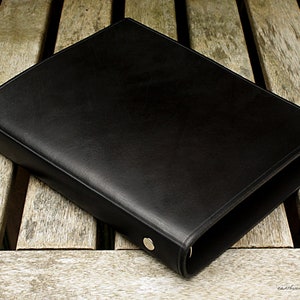 A5 Black Leather Slimline 6 Ring Binder, Full Grain Leather Presentation Folder, Planner, Filofax Compatible Organiser, Free Personalisation image 1