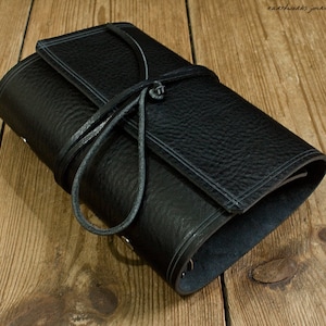 Personal Size Rugged Black Leather Wrap Ring Binder, Filofax Compatible 6 Ring Organiser, Soft Wrap Around Cover Travel Planner.