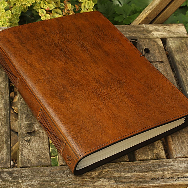 A4 Large Classic Brown Leather Bound Journal, Leather Notebook, Custom Guestbook, Personalised Family Memory Book, Memorial Book, Desk Diary