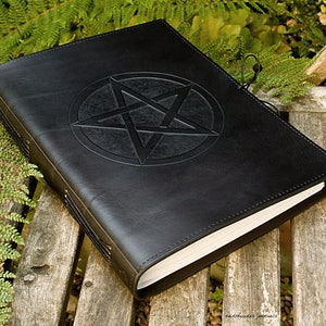 A4, Large, Leather Bound Journal, Pentagram, Pentacle, Black Leather Grimoire, Occult, Witch Journal, Wiccan Book of Shadows, Personalized.