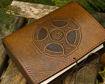 A6 Standard Size, Leather Bound Journal, Brown Celtic Cross, Celtic Knot Notebook, Pilgrim Travel Journal, Personalised Ordination Gift