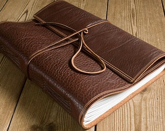 Large Leather Bound Journal in Rugged Chestnut Brown, A4 Leather Guestbook, Soft Wrap Notebook with Free Personalised Pen Loop.