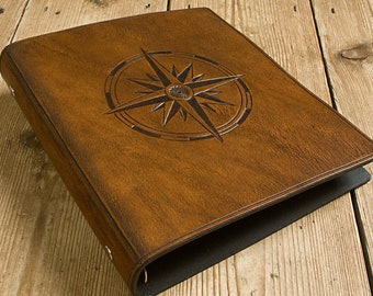 A5 Brown Leather 6 Ring Binder, Compass Rose, Filofax Compatible Organiser, Ship's Log, Travel Journal, Planner, Diary, Free Initials.