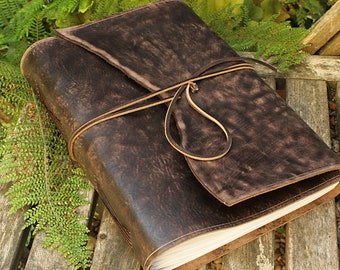 Large Leather Bound Journal in Distressed Dark Brown, A4 Leather Guestbook, Soft Wrap Notebook with Free Personalised Pen Loop.