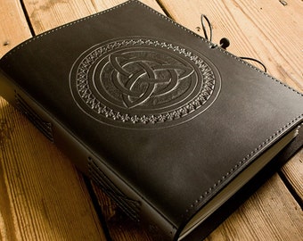 A5, Medium, Leather Bound Journal, Celtic Triquetra Book of Shadows, Black Leather Grimoire, Black Celtic Knot Journal, Personalized Diary.