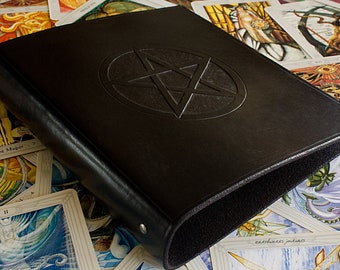 A5 Black Leather 6 Ring Binder, Pentagram, Filofax Compatible Organiser / Planner, Pentacle Binder, Book of Shadows, Grimoire, Free Initials