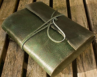 A5 Distressed Green Leather Wrap Ring Binder, Filofax Compatible 6 Ring Organiser / Planner, Soft Wraparound Cover, Pen Loop, Travel Journal