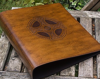 A4 Brown Leather 4 Ring Binder, Celtic Cross, Celtic Knot Planner, Celebrant Organiser, Christian Ringbinder, Folder, Free Personalisation.