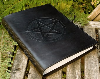 A4, Großes, Leder gebundenes Journal, Pentagramm, Pentakel, Schwarzes Leder Grimoire, Okkult, Witch Journal, Wiccan Book of Shadows, personalisiert.