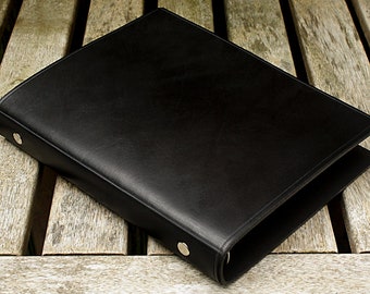 A5 Black Leather Slimline 6 Ring Binder, Full Grain Leather Presentation Folder, Planner, Filofax Compatible Organiser, Free Personalisation