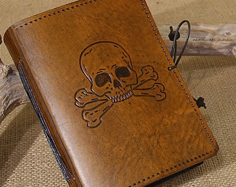 A6 Standard Size, Leather Bound Journal, Skull and Crossbones, Pirate Journal, Brown Leather Ships Log, Leather Notebook, Personalized Diary