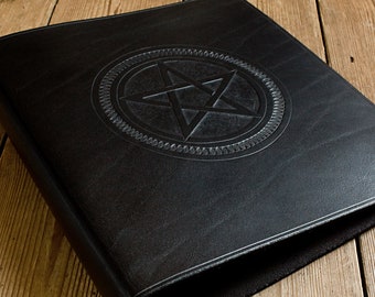A4 Black Leather 4 Ring Binder, Pentagram Book of Shadows, Black Pentacle Grimoire, Leather Witchcraft Stationery, Free Personalisation.