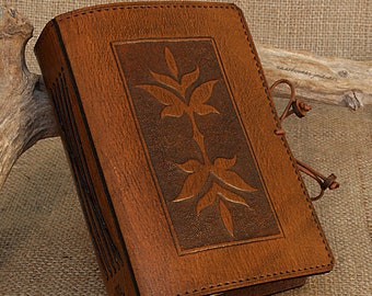 A6 Standard Size, Brown Leather Bound Journal, Victorian Art Nouveau Leaves Journal, Personalized Gardening Leaf Notebook, Diary.