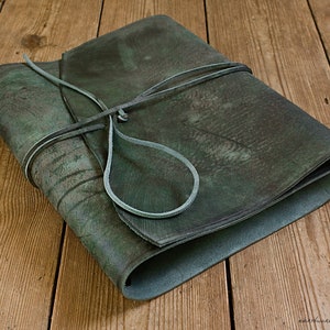 A4 Distressed Forest Green Leather Wrap Ring Binder, 4 Ring Binder with Soft Wraparound Cover, Large Book of Shadows, Filofax Compatible.