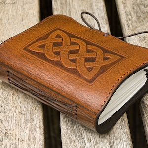 A7 Pocket Sized, Leather Bound Journal, Celtic Knot Journal, Celtic Plait, Brown Leather Notebook, Pocket Notebook, Personalised Mini Diary.