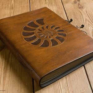 A4, Large, Leather Bound Journal, Ammonite, Sacred Geometry, Logarithmic Spiral, Brown Leather, Nature Book, Leather Diary, Personalized. image 1