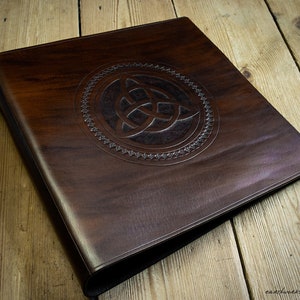 Leather 3 Ring Binder for 8.5 x 11 Inch Paper with Celtic Triquetra Trinity Knot Design Dark Brown image 1