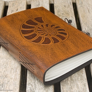 A5, Medium, Leather Bound Journal, Ammonite, Sea Shell Diary, Logarithmic Spiral Journal, Brown Leather, Leather Notebook, Personalized.