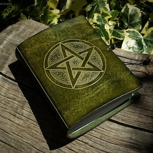 A6 Green Leather Journal with Pentagram Design. Hand Bound Book of Shadows or Grimoire.