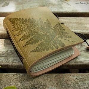 Pocket Leather Journal with Fern Leaf Design in Olive Green - A7 Notebook