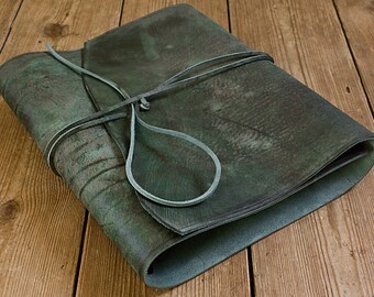 A4 Distressed Forest Green Leather Wrap Ring Binder, 4 Ring Binder with Soft Wraparound Cover, Large Book of Shadows, Filofax Compatible.