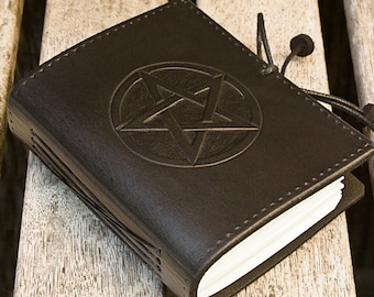 A7 Pocket Sized Leather Bound Journal, Black Pentagram Mini Book of Shadows, Pocket Travel Grimoire, Pentacle Notebook. Personalised Diary.