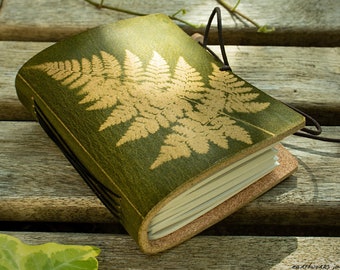 Pocket Leather Journal with Fern Leaf Design in Green - A7 Notebook