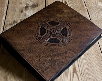 A5 Dark Brown Leather 2 Ring Binder, Celtic Cross, Leather Celebrant Binder, Christian Ringbinder, Celtic Planner, Free Personalisation.