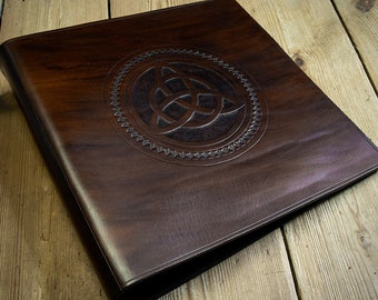 Leather 3 Ring Binder for 8.5 x 11 Inch Paper with Celtic Triquetra Trinity Knot Design - Dark Brown