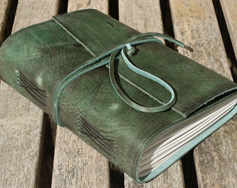 Personalised Leather Journal in Distressed Green, Leather Bound Travel Journal, Soft Wrap Notebook, A5 Size.