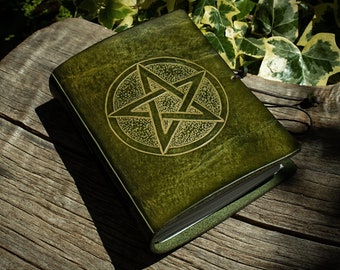 A6 Green Leather Journal with Pentagram Design. Hand Bound Book of Shadows or Grimoire.