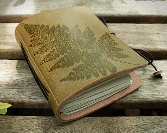 Pocket Leather Journal with Fern Leaf Design in Olive Green - A7 Notebook