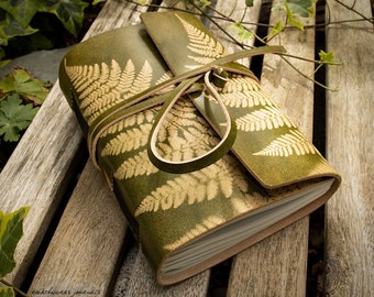 Wrap Leather Journal With Green Fern Leaf Design, Hand Dyed and Hand Bound, A5 Size.