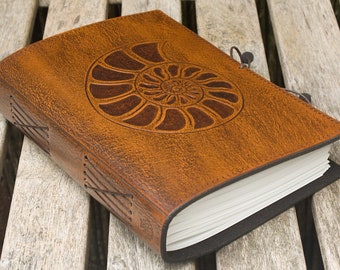 A5, Medium, Leather Bound Journal, Ammonite, Sea Shell Diary, Logarithmic Spiral Journal, Brown Leather, Leather Notebook, Personalized.
