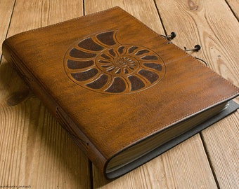 A4, Large, Leather Bound Journal, Ammonite, Sacred Geometry, Logarithmic Spiral, Brown Leather, Nature Book, Leather Diary, Personalized.