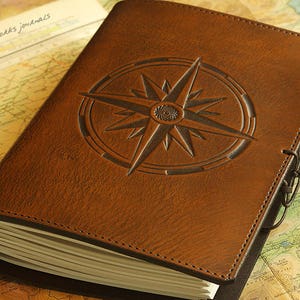 A5, Medium, Leather Bound Journal, Compass Rose, Travel Journal, Brown Leather, Ships Log, Leather Notebook, Nautical Gift, Personalized. image 1