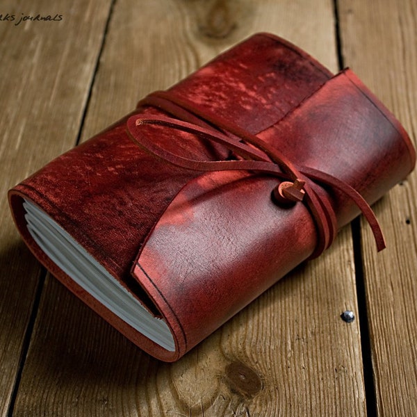 A6 Standard Size, Distressed Red Leather Journal, Soft Oxblood Leather Wrap Cover, Travel Journal, Leather Notebook, Personalised, Pen Loop.