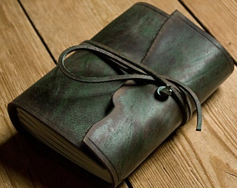 A6 Standard Size, Distressed Green Leather Journal, Soft Leather Wrap Cover, Travel Journal, Bushcraft Notebook, Personalised, Pen Loop.