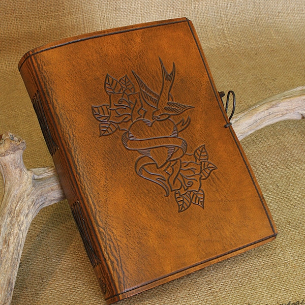 A5, Medium, Leather Bound Journal, Swallow Heart & Rose Tattoo, Brown Leather Rustic Wedding Guestbook, Leather Notebook, Personalized.