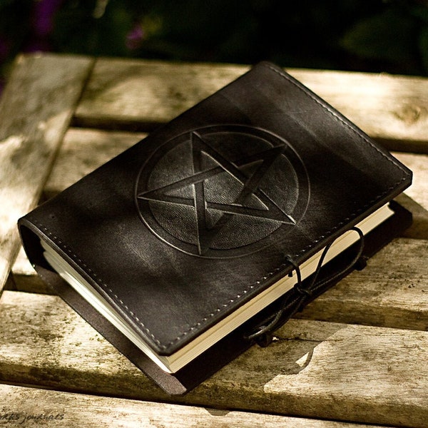 A6 Standard Size, Black Leather Bound Journal, Pentagram Book of Shadows, Black Pentacle Grimoire, Witchcraft Wiccan Journal, Personalized.