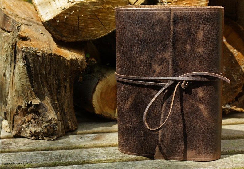 Personalised Leather Journal in Distressed Dark Brown, Leather Bound Travel Journal, Soft Wrap Notebook, A5 Size. image 2