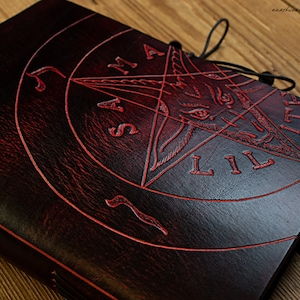 A5, Medium, Leather Bound Journal, Sigil of Baphomet Black and Red Grimoire, Pentagram Book of Shadows