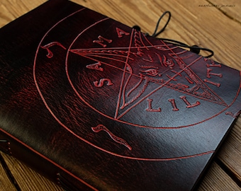 A5, Medium, Leather Bound Journal, Sigil of Baphomet Black and Red Grimoire, Pentagram Book of Shadows