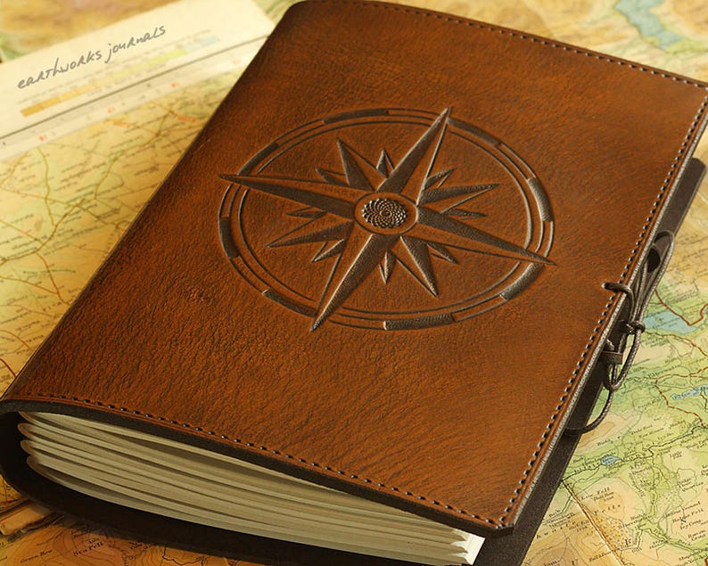 A5, Medium, Leather Bound Journal, Compass Rose, Travel Journal, Brown Leather, Ships Log, Leather Notebook, Nautical Gift, Personalized. image 1