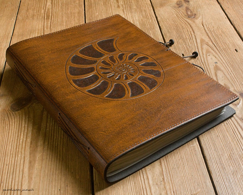 A4, Large, Leather Bound Journal, Ammonite, Sacred Geometry, Logarithmic Spiral, Brown Leather, Nature Book, Leather Diary, Personalized. image 1