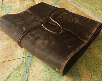 A4 Distressed Dark Brown Leather Wrap Ring Binder, 4 Ring Binder with Soft Wraparound Cover, Large Book of Shadows, Filofax Compatible.